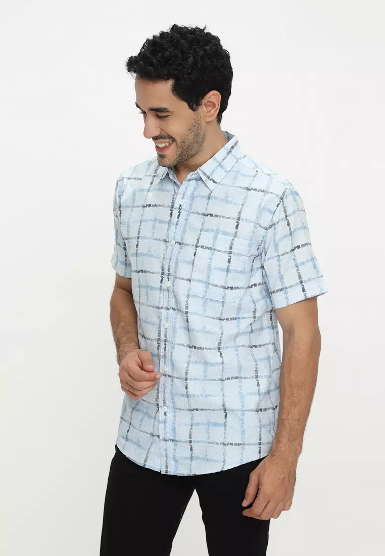 POLICE Kemeja Printing Cotton Soft Biru Regular Fit Pria