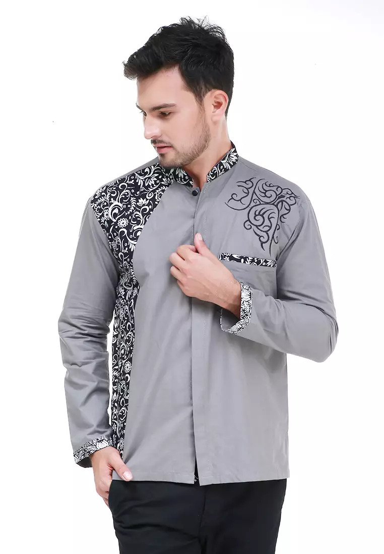 Dwan Kemeja Batik Pria Simple Atasan Formal Longsleeve Shirt Material Cotton ORIGINAL - Grey
