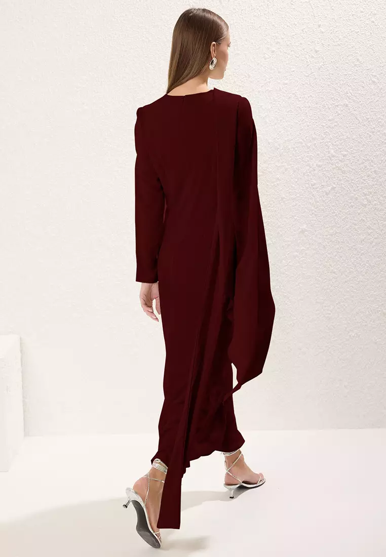 Burgundy Shawl Detailed Lined Evening Dress Tctss24Db00036