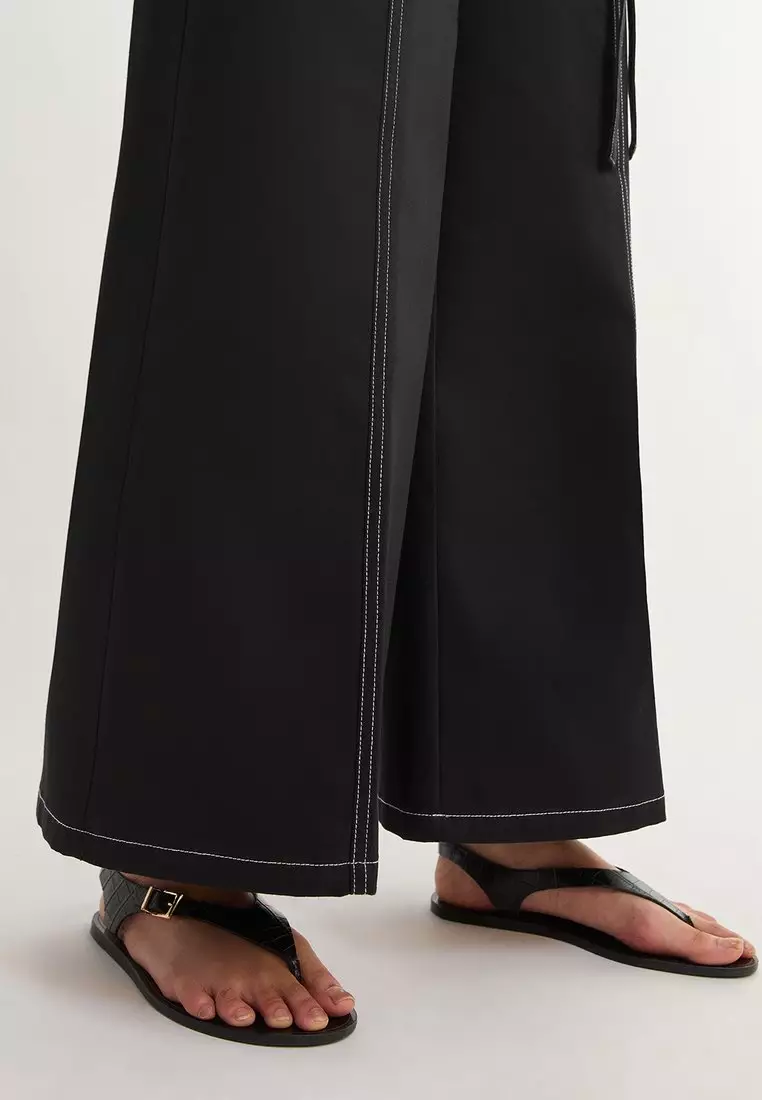 Mid Waist Belted Wide Leg Pants - Black