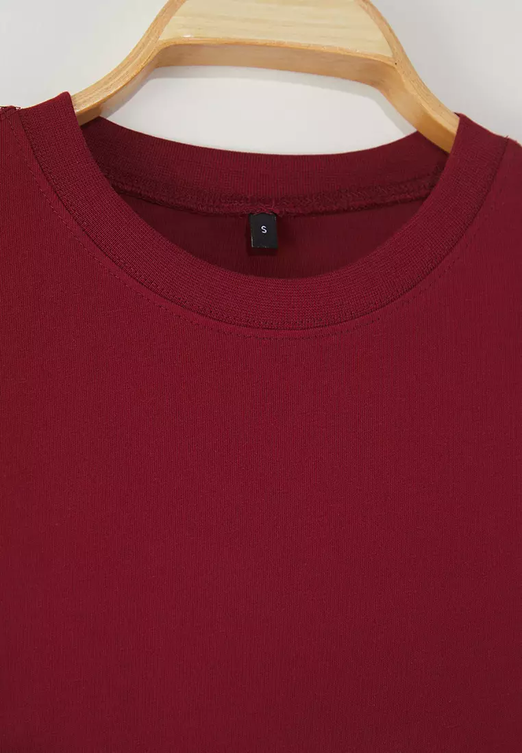 Claret Red 100% Cotton Premium Oversize/Wide Pattern Crew Neck Knitted T-Shirt TWOSS23TS00040