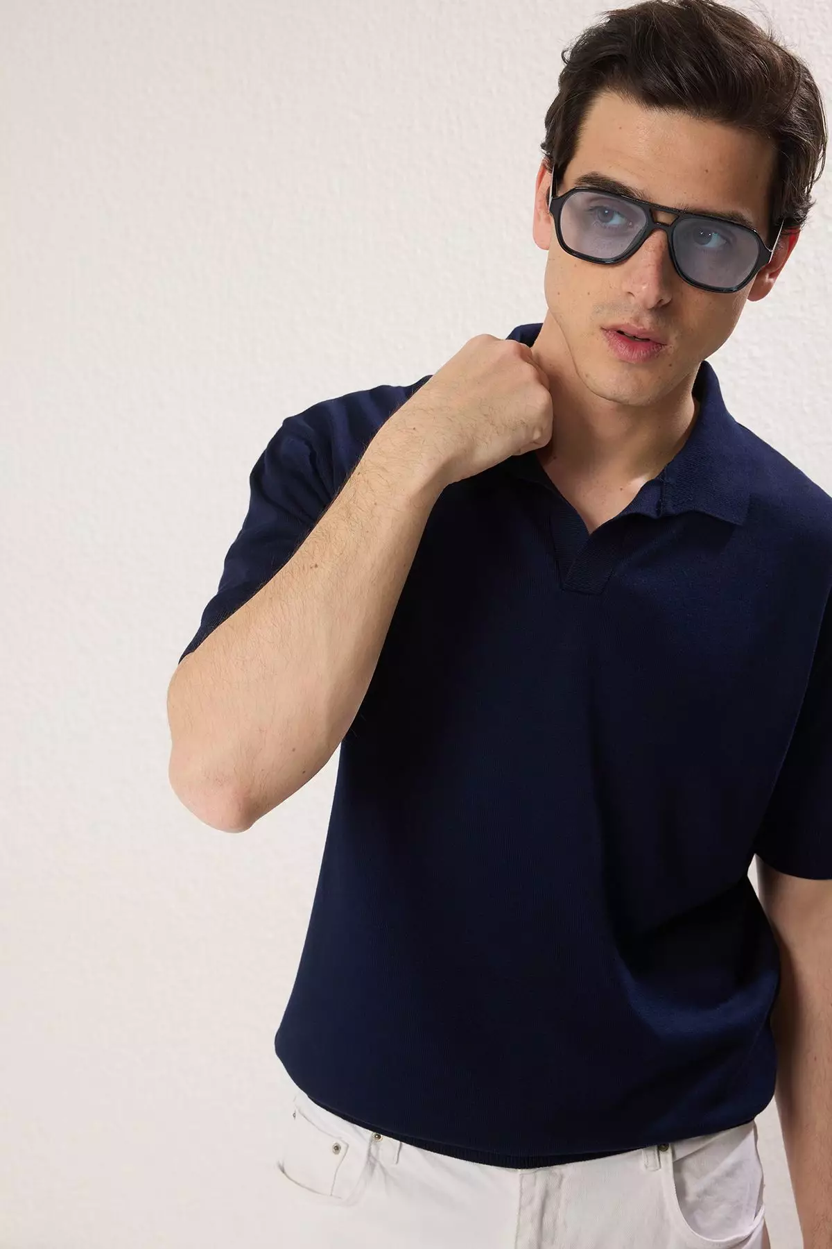 Navy Blue Regular Polo Collar Plain Polo Collar T-shirt TMNSS25PO00008