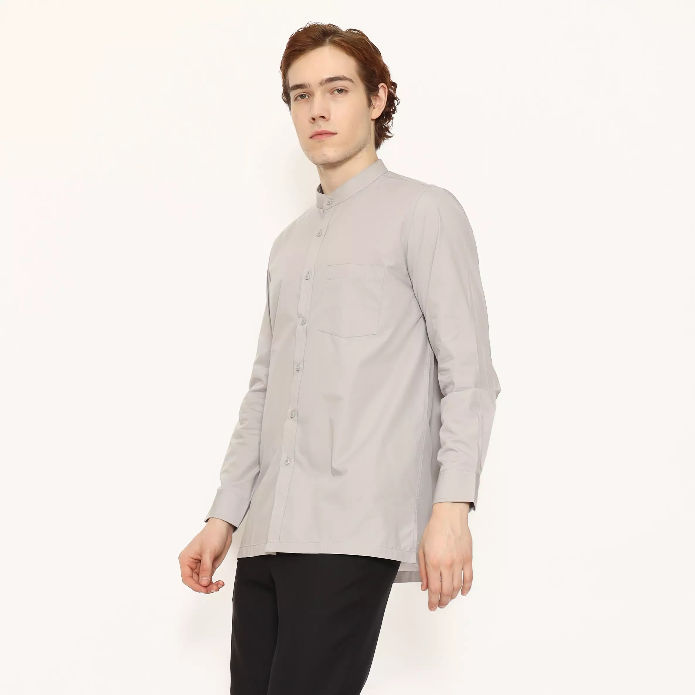 LAWELL ALARA-L Baju Koko Pria Lengan Panjang Regular Fit Kerah Mandarin Polyester Cotton Premium Warna Light Grey