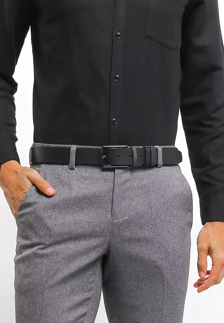 Gunmetal Formal Square Pin Buckle Reversible Top Grain Leather Belt