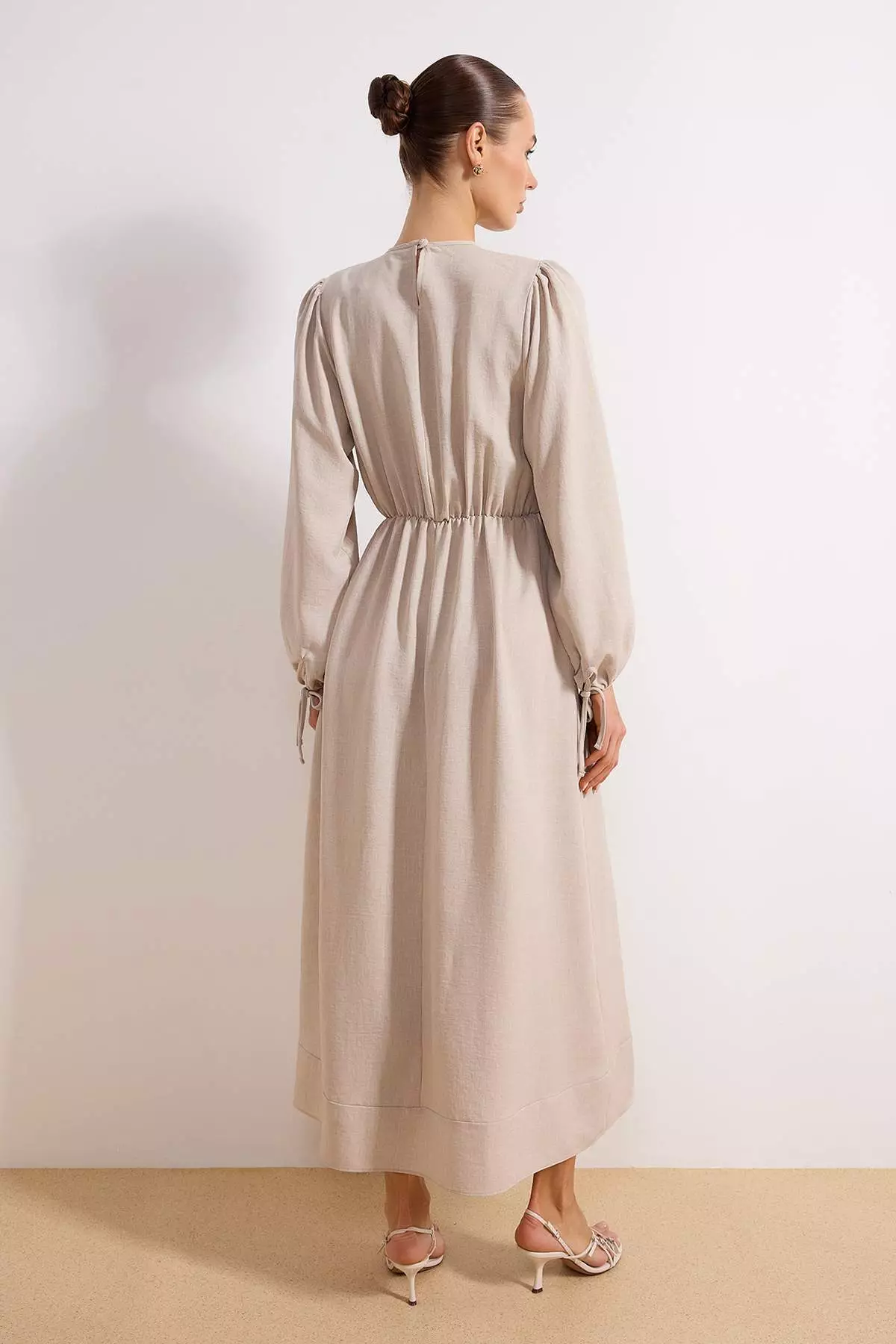 Stone Waist Elastic Woven Linen Look Dress Tctss26Eb00009