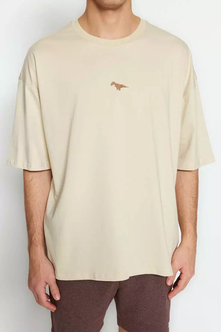 Crew Neck Short Sleeve Dinosaur Embroidered T-Shirt