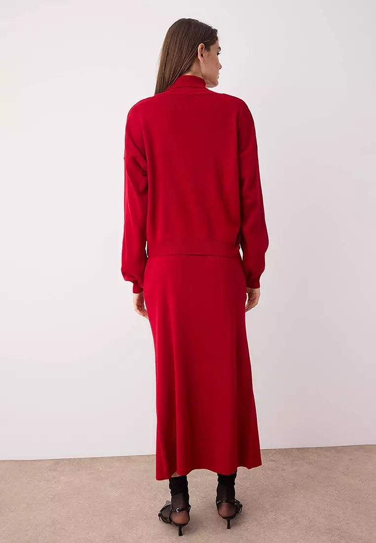 Dark Red Turtleneck Knitwear Skirted Bottom Top Suit