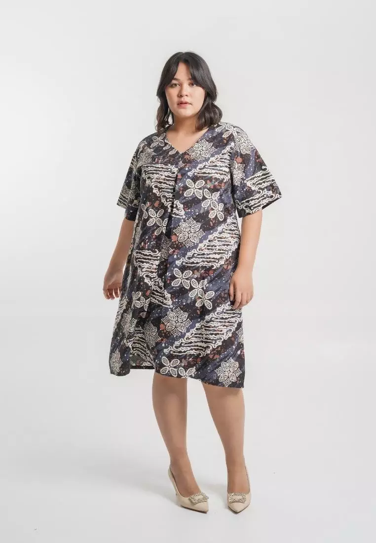 Plus Size Batik Dress Zelia Navy