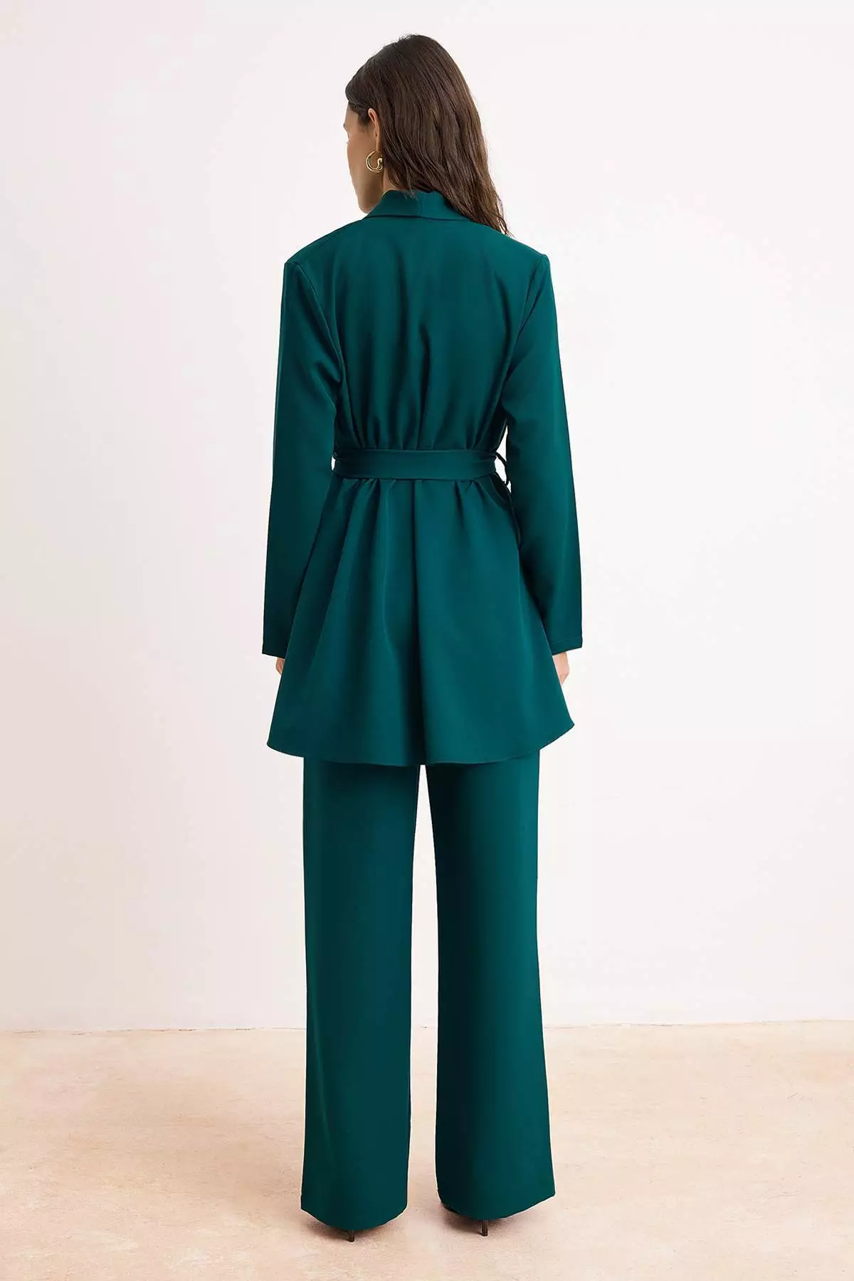 Emerald Green Belt Piece Woven Jacket - Pants Bottom - Top Set Tctss26Us00025