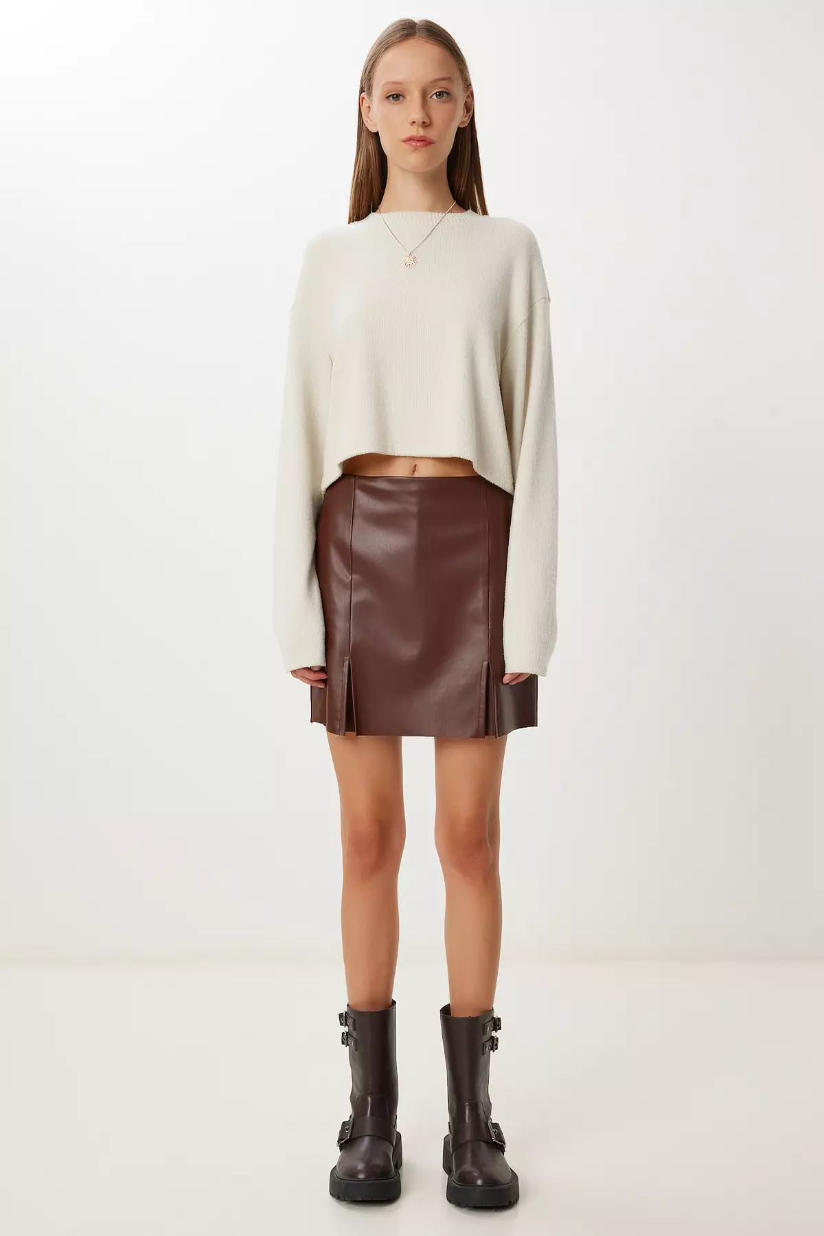 Women's Brown Slit Mini Faux Leather Shorts Skirt Gp00029