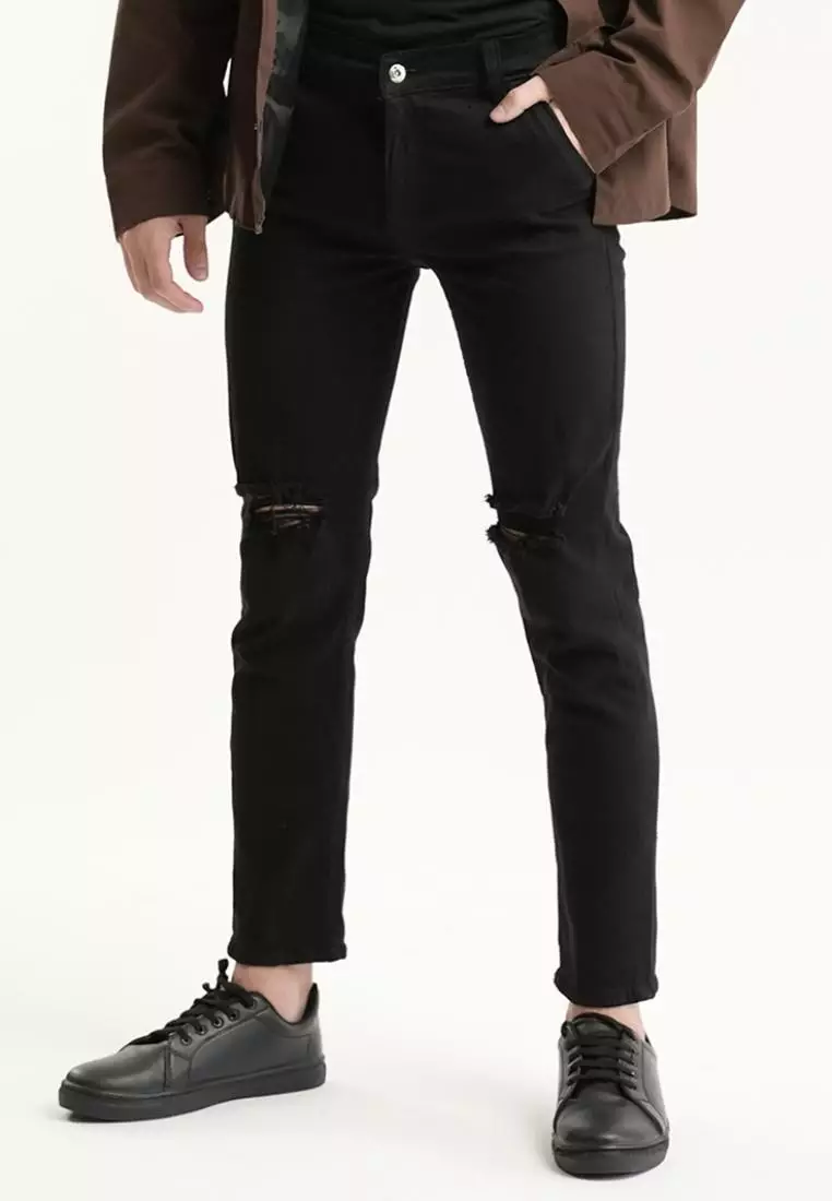 Celana Jeans Hitam Pria Denim Ripped Sobek Robek Bahan Stretch Melar Slim Fit Houseofcuff