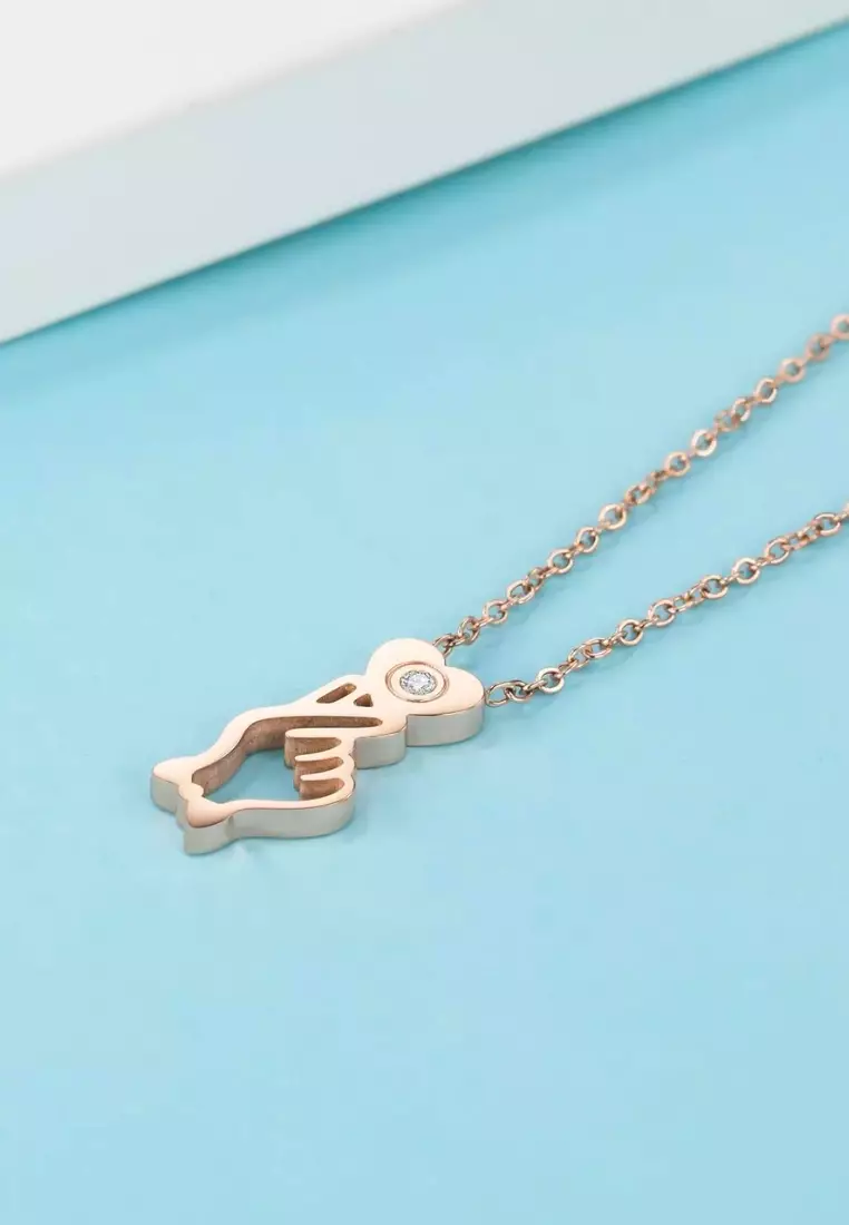 Premium - Finger Heart Sign Engravable Pendant with 0.005 Carat Diamond Necklace in Rose Gold