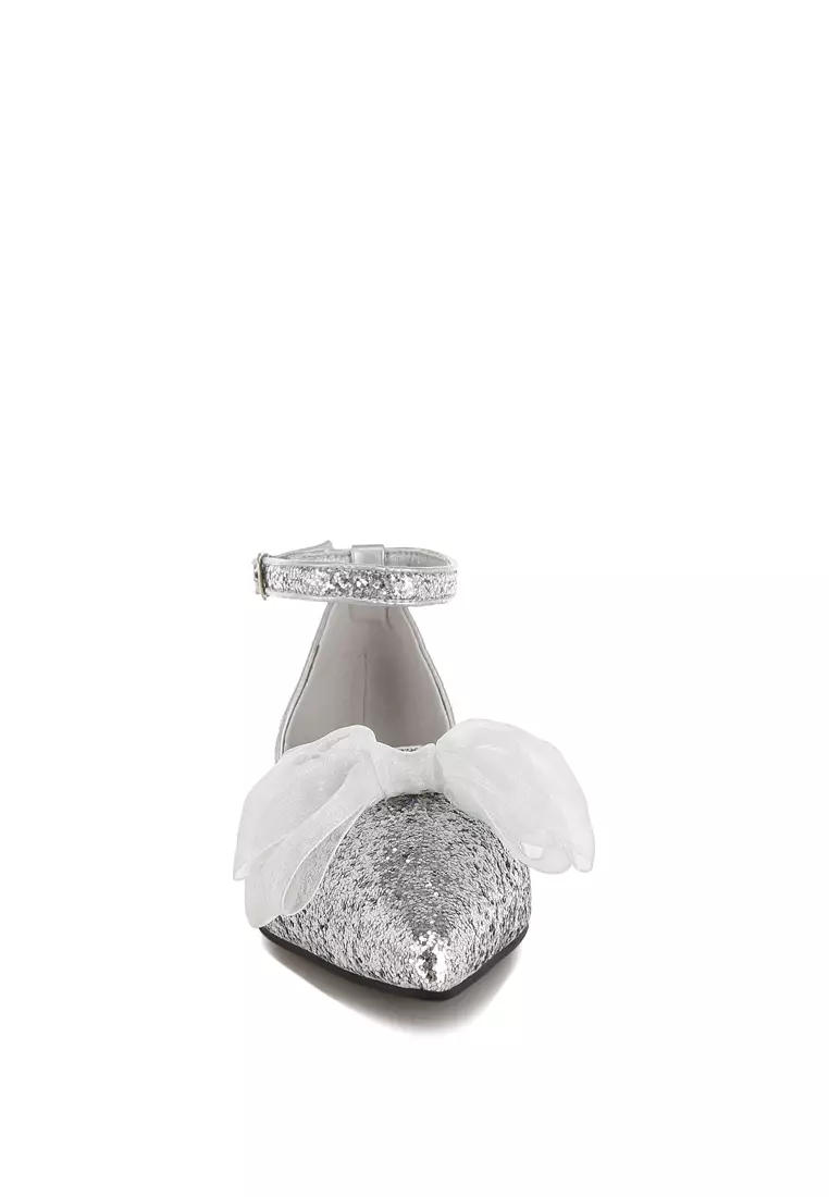 Sheer Bow Detail Glitter Flat Sandals in Silver