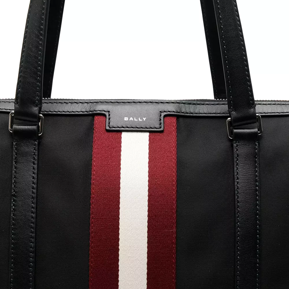Code Zip Tote Bag Nylon and Calfskin Leather Black Red