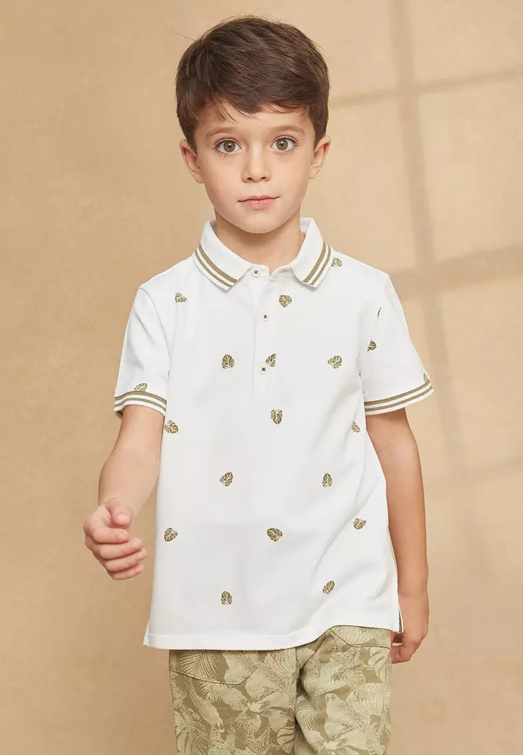 White Polo Shirt with Leaf print