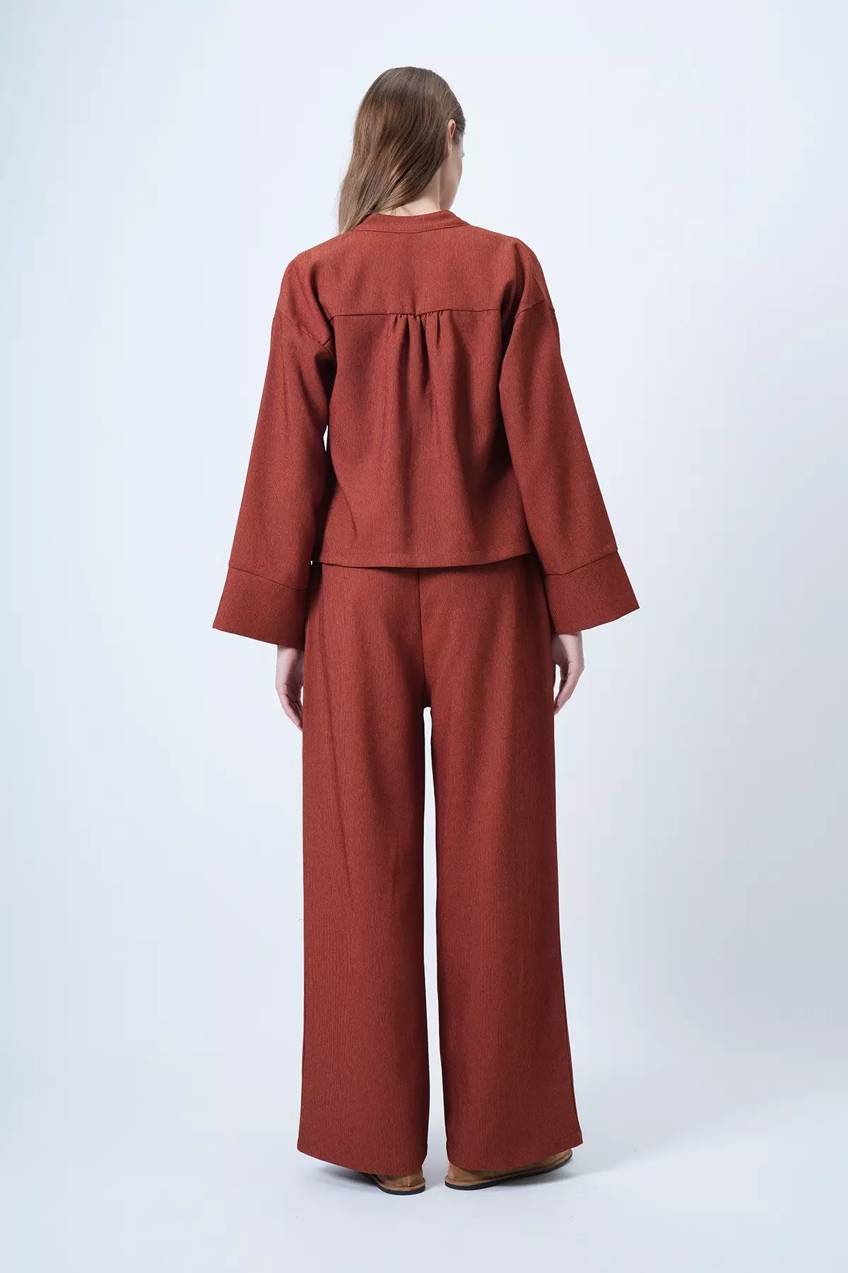 Kiremit Hakim Lapel Collar Gold Button Detailed Velvet Jacket And Palazzo Trousers Two-Piece Set Alc-X14633