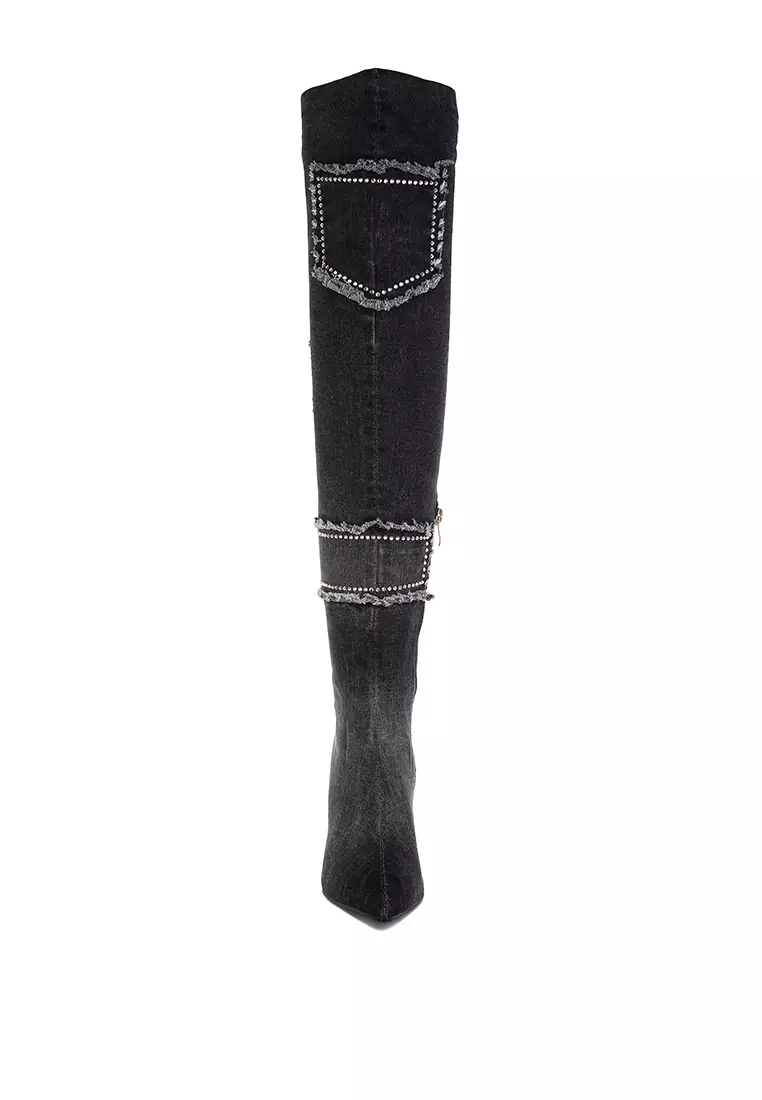 Rhinestones Knee High Denim Boots in Black