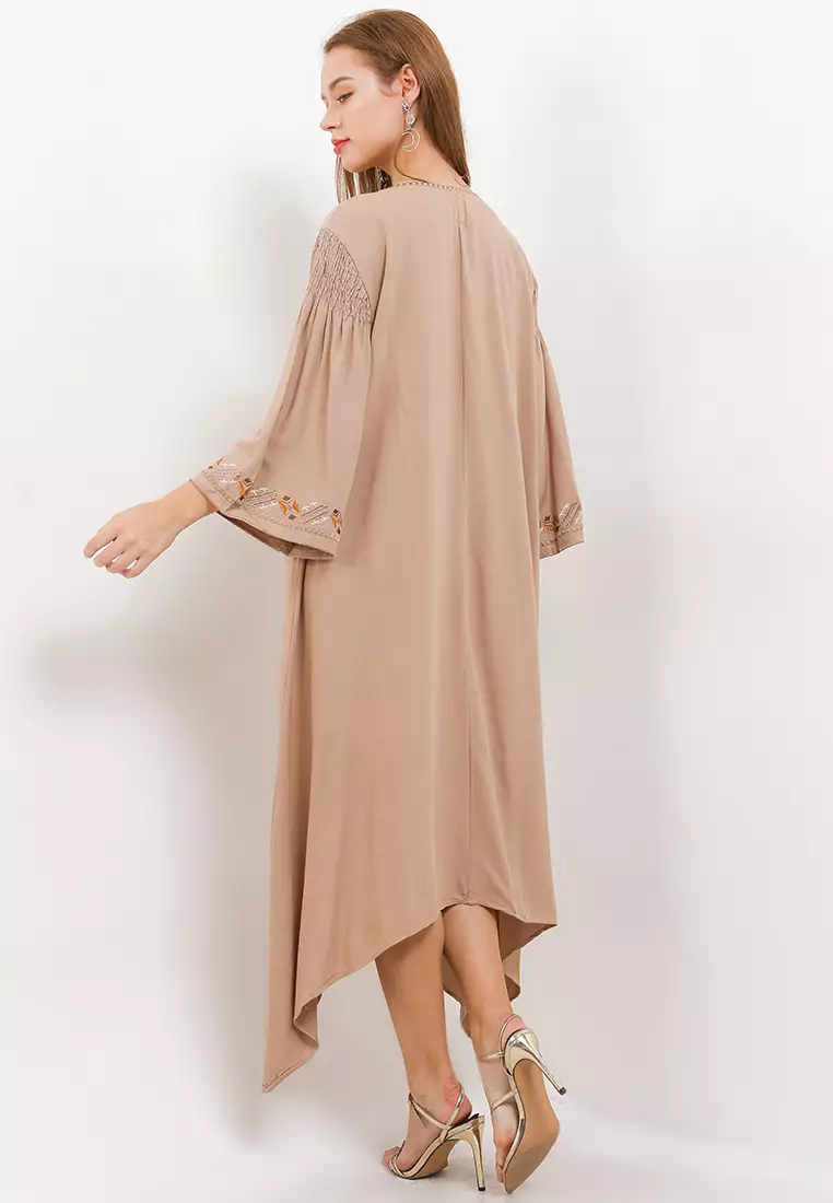 Asym Hem Emb Linen Smocked Detail On Sleeve Tunic