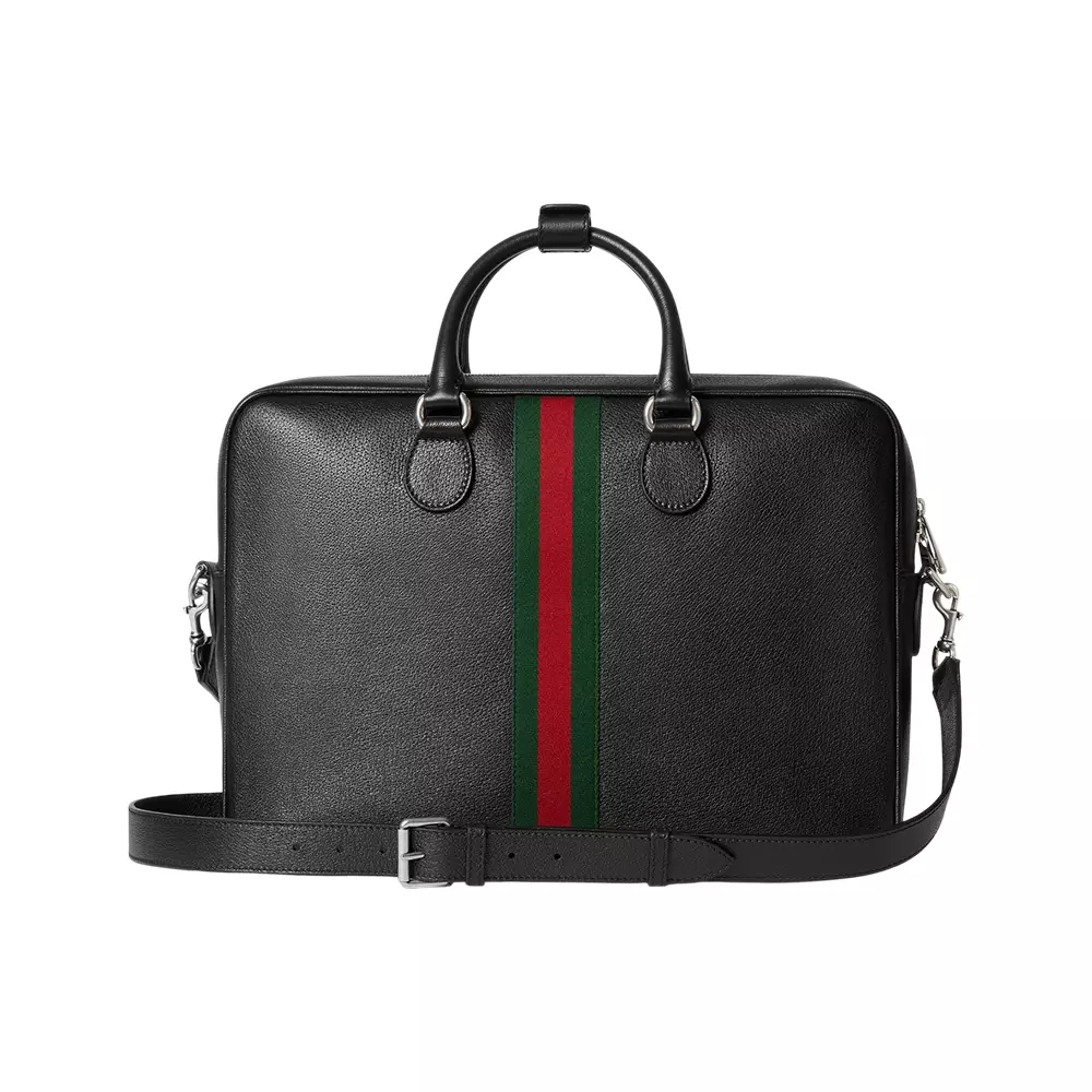 Ophidia with Red Green Web Large Briefcase Leather Bag Black