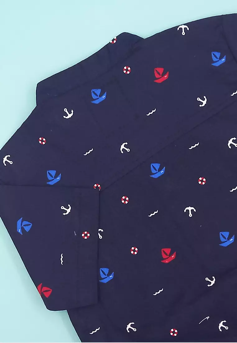 Kemeja Anak Laki Laki Usia 1 Tahun Hingga 6 Tahun Atasan Baju Kerah Shanghai Mandarin Collar Shirt Motif Jangkar Anchor Pattern 4322 Vensk
