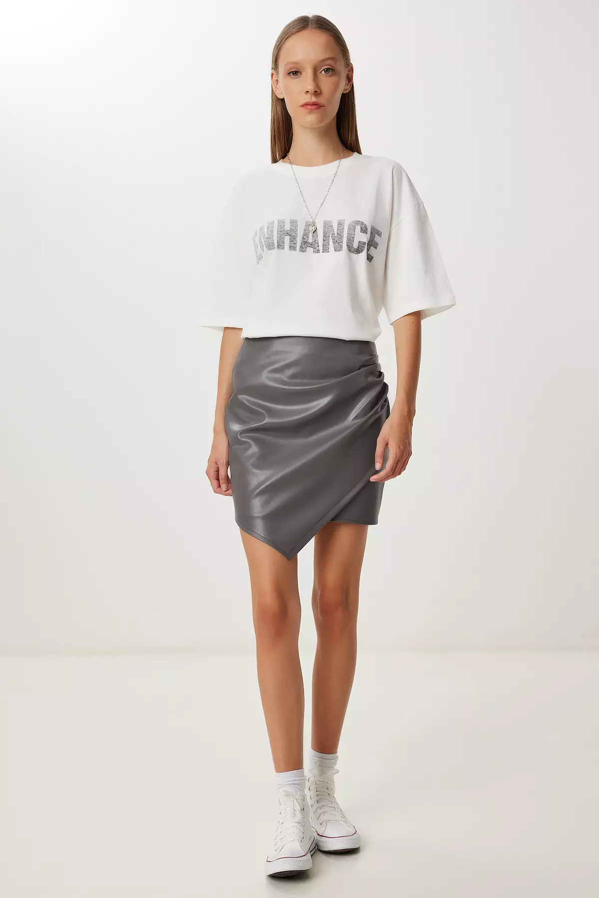 Women's Gray Asymmetrical Mini Faux Leather Skirt Gp00030
