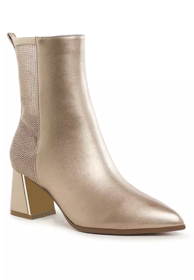 Mesh Detail Pointy Ankle Boots in Gold