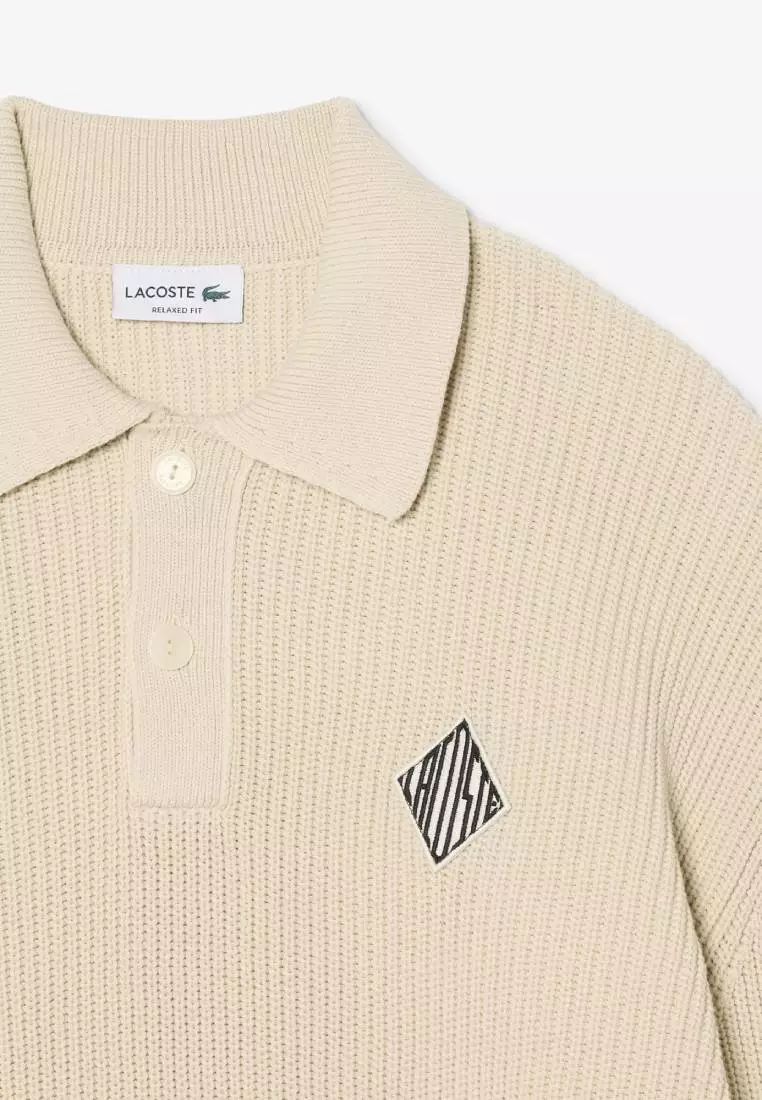 Badge Accent Pearl Rib Polo Collar Sweater