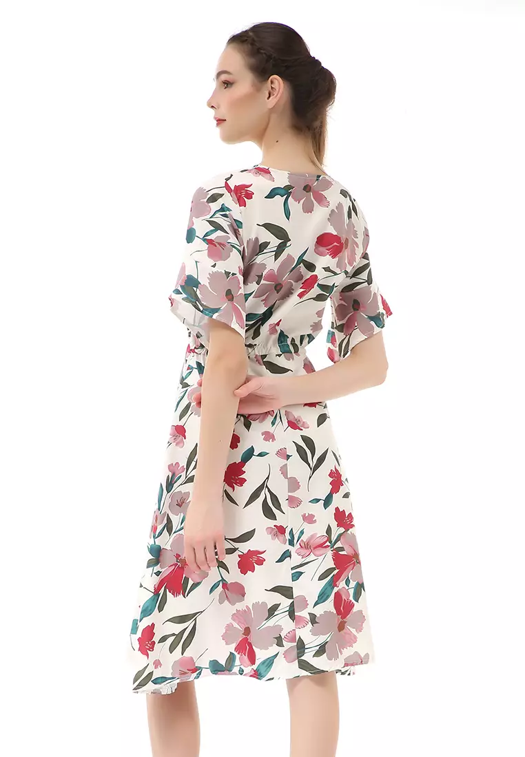 Rachel Midi Dress Wanita Karet Pinggang Short Sleeve Floral Motif Material Polyester ORIGINAL - White