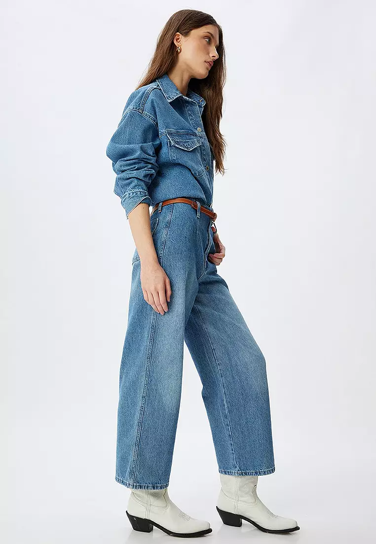 Wide Leg Jeans High Waist Belt Detail Buttoned - Wide Leg Jeans