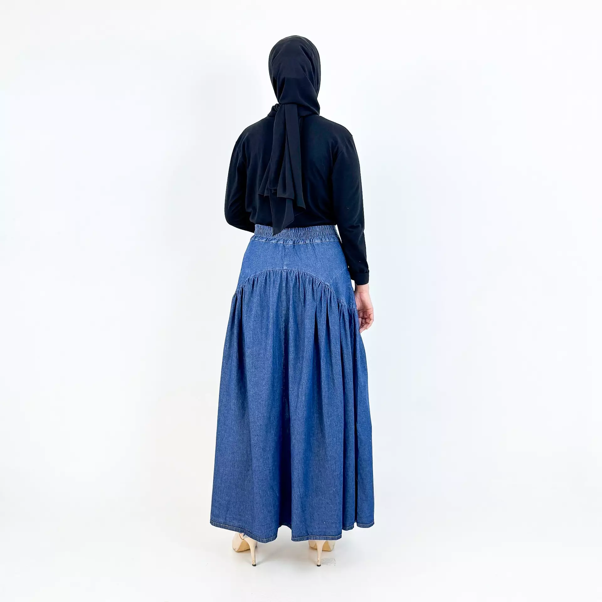 Flare Denim Skirt (Rok Panjang Soft Jeans Wanita Pita) Dark Blue