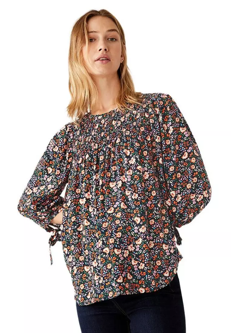 Buy MARKS & SPENCER M&S Floral Crew Neck Smocked Puff Sleeve Blouse ...