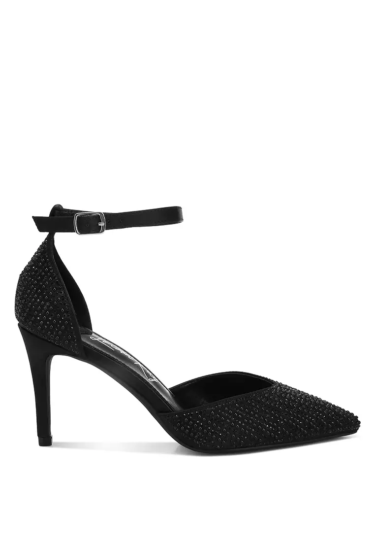 Pearls & Sequins Embellished Stiletto Sandals in Black