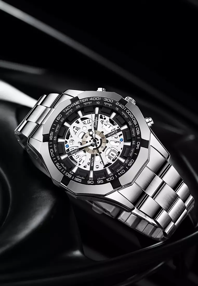 Jam Tangan Pria Original Calendar Luxury Bisnis Tali Stainless Steel Jam Tangan Cowok 9096 silverblack