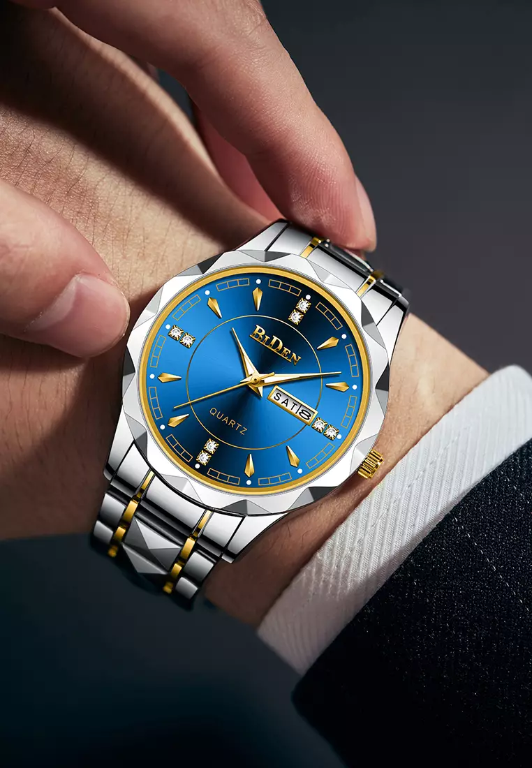 Jam Tangan Pria Anti Air Original Cowok Kalender Bercahaya Analog Luminous Stainless Steel Men Watch Biru