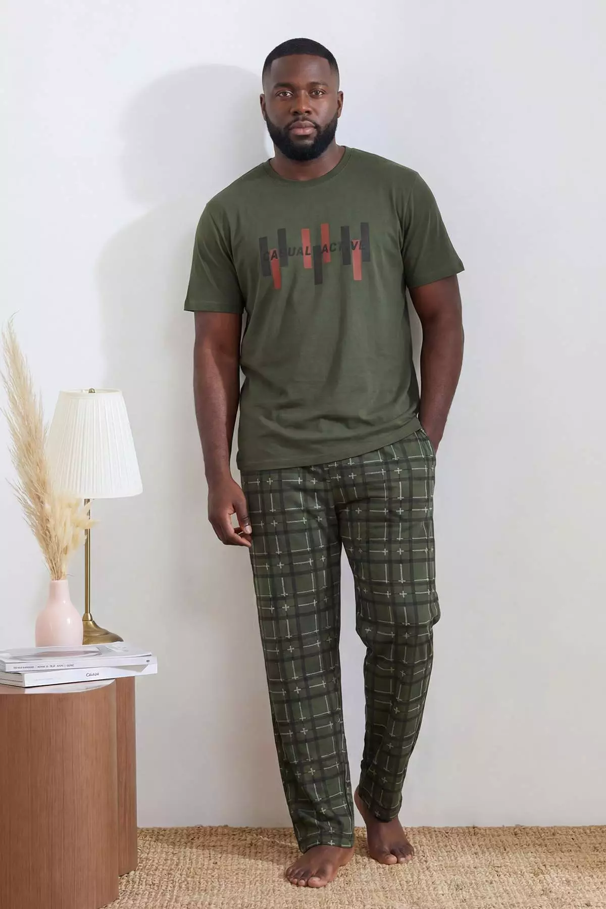 Green Big Size Regular/Normal Fit Printed Bottom Plaid Pattern Pajamas Set Tmnss26Ai00011