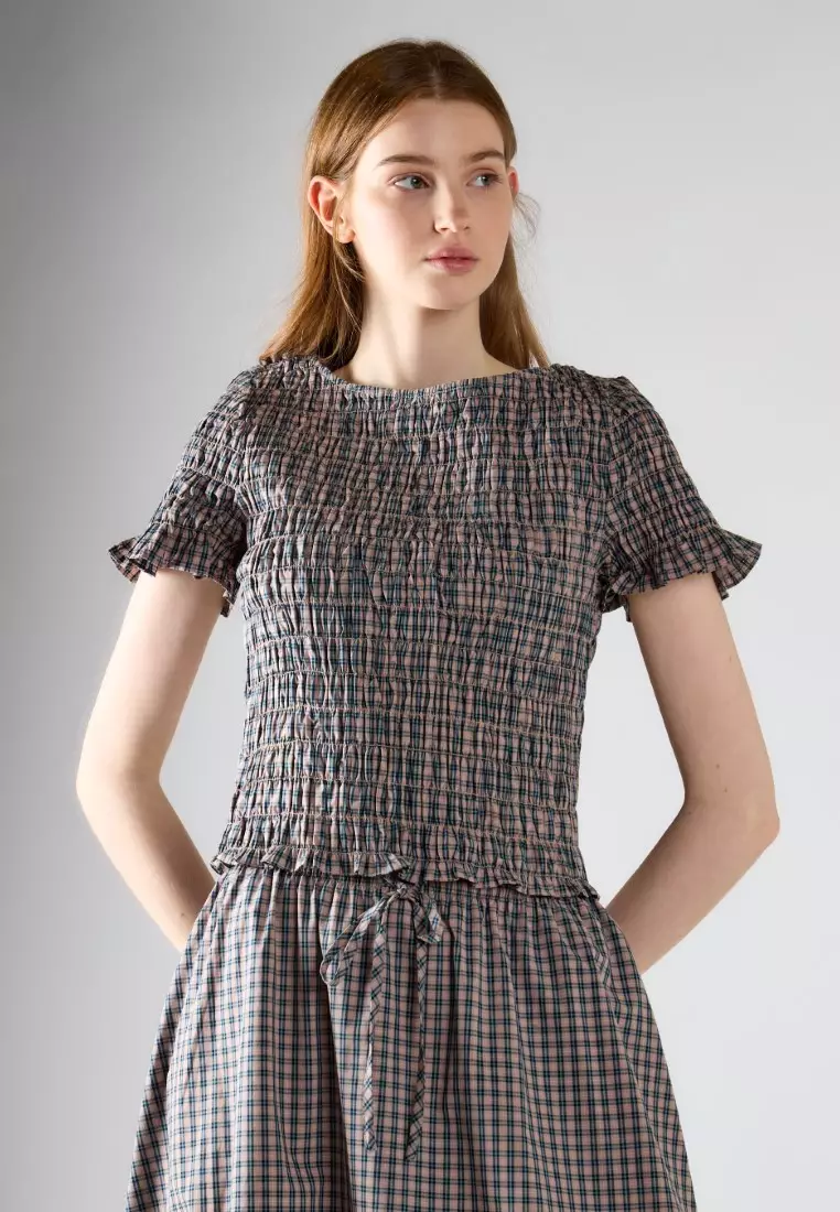 Gingham Smocked Fluted-Sleeve Top