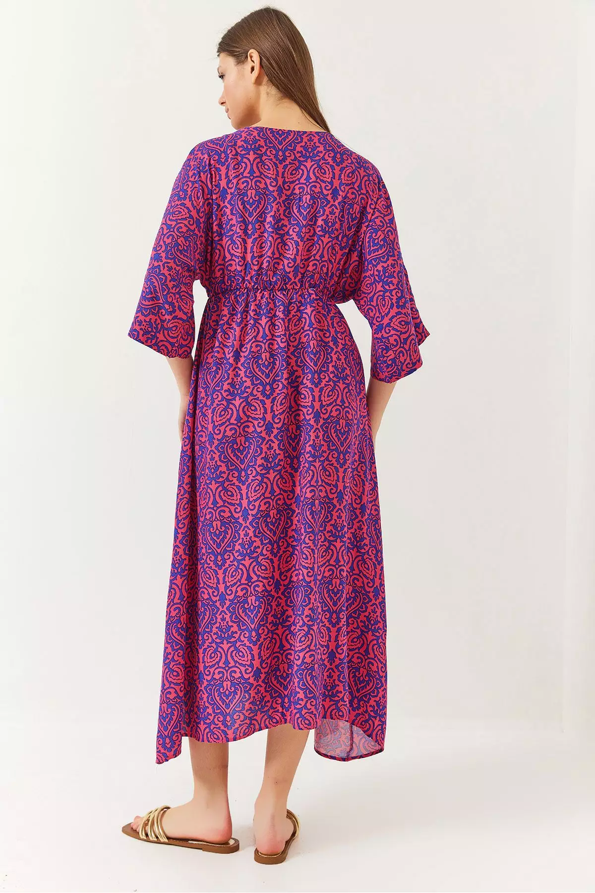 Women's Double Breasted V Neck Front Slit Detail Print Dress 60261411