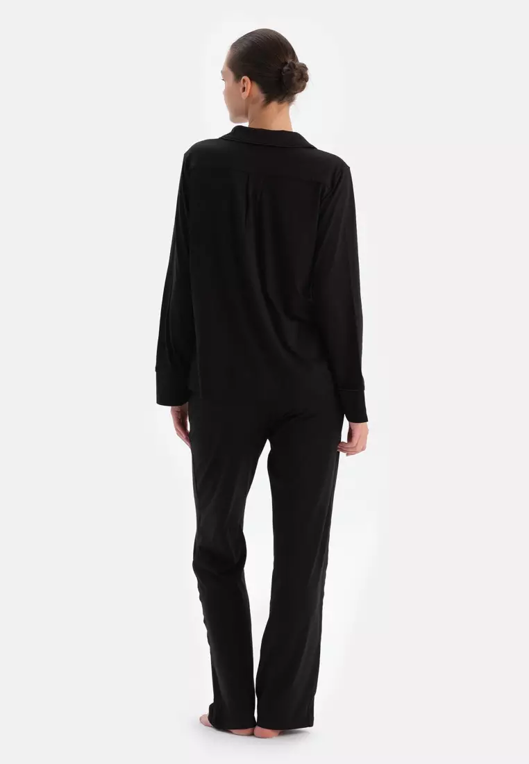 Black Shirt & Trousers Set, Regular Fit, Long Sleeve Sleepwear for Women