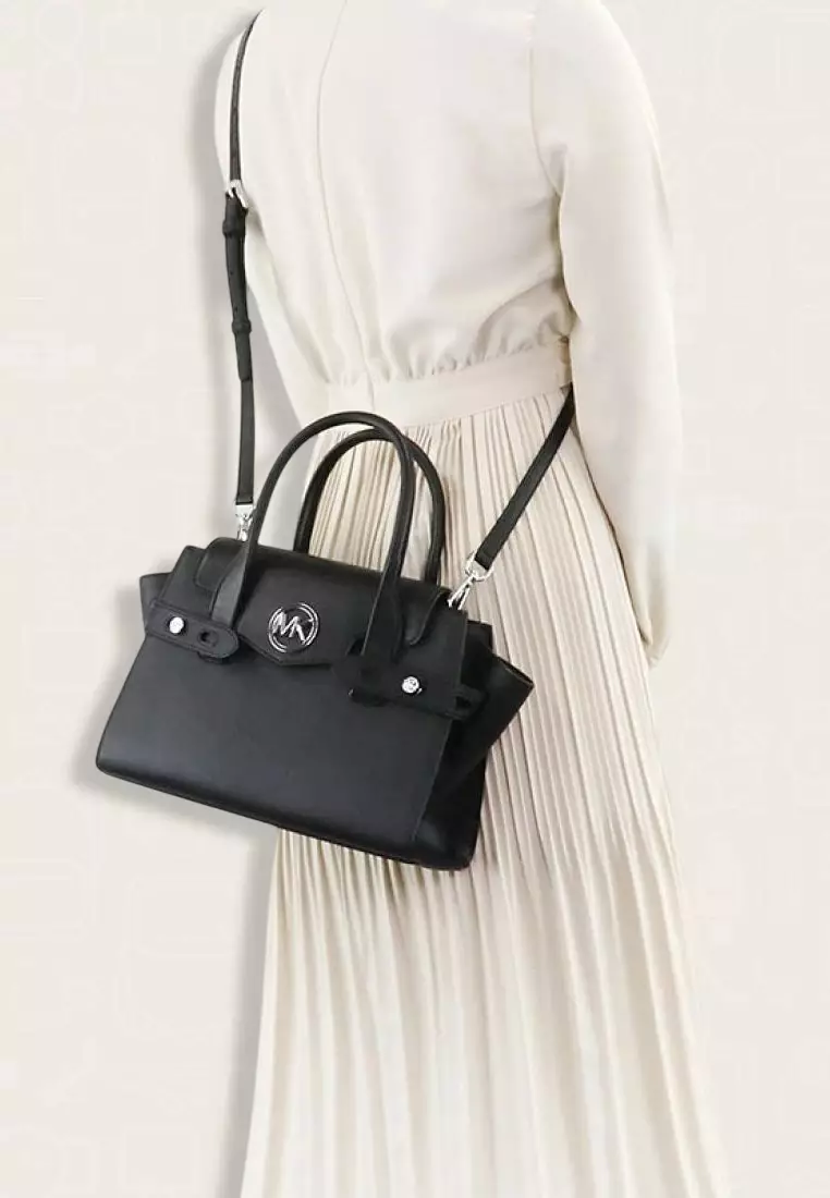 Michael Kors Carmen Medium Faux Leather Belted Satchel Black SHW