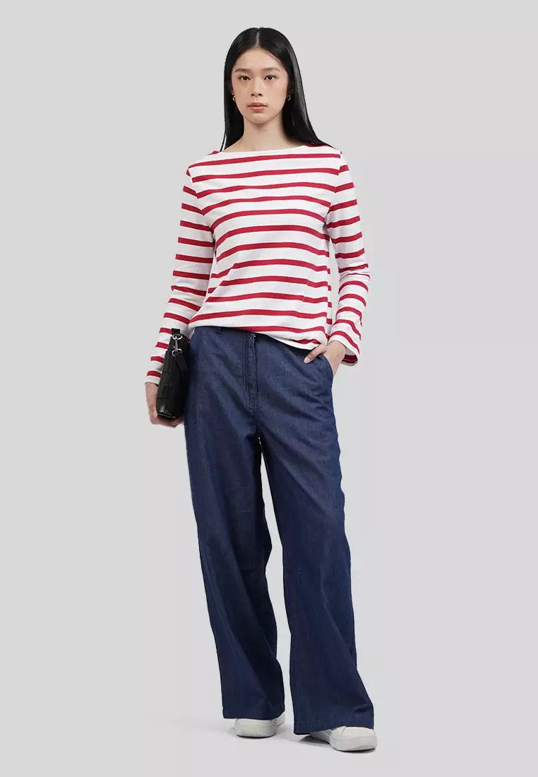 Boat Neck Stripes Long Sleeve Top