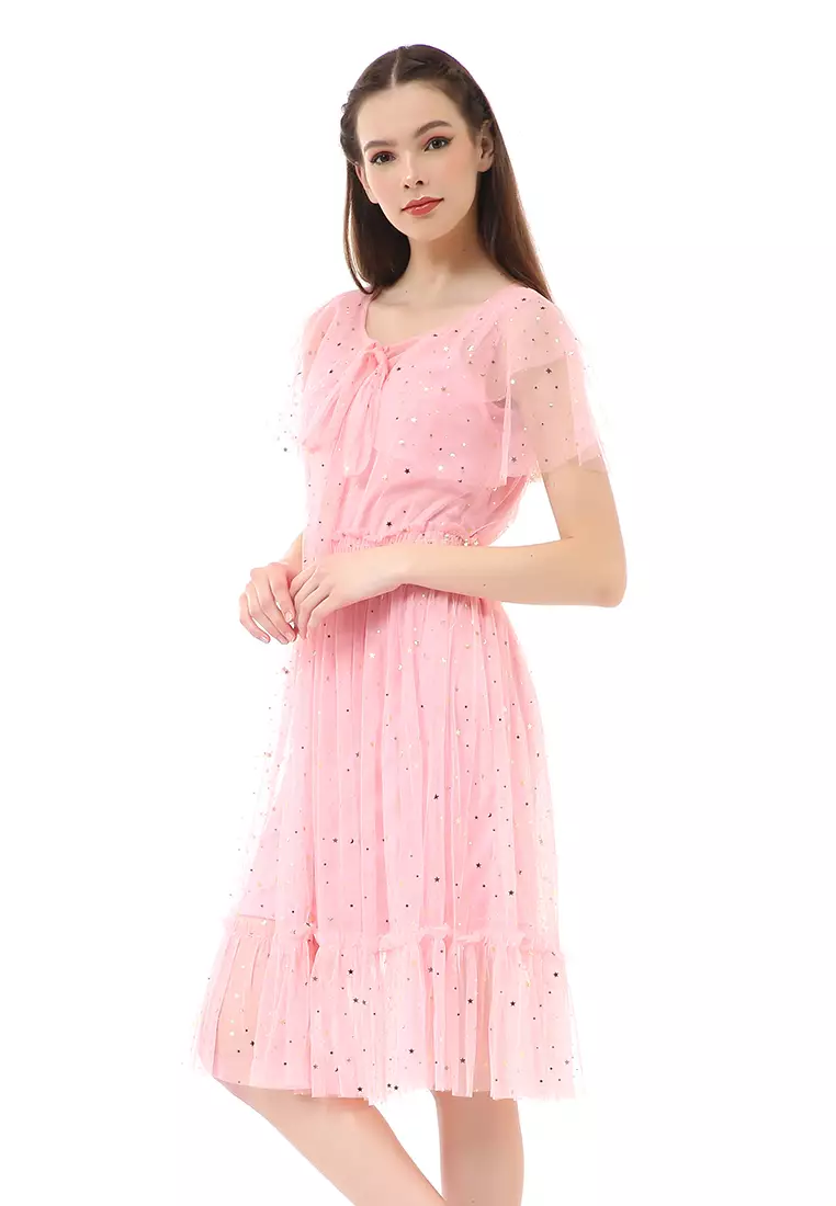 Rachel Dress Fashion Wanita Pinggang Elastis Lengan Pendek Material Brukat ORIGINAL - Pink