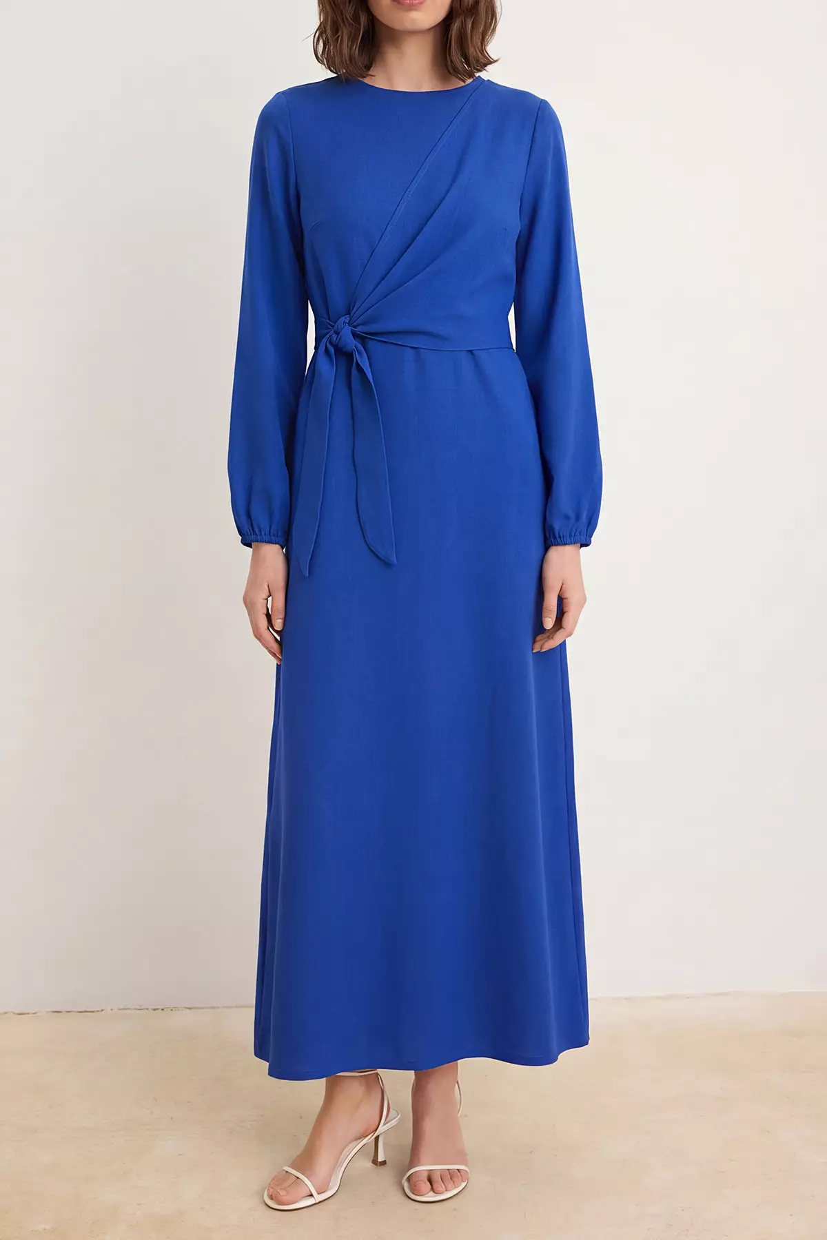 Saks Unlined Linen Look Hijab Dress With Tie Detail Tctss25Eb00129