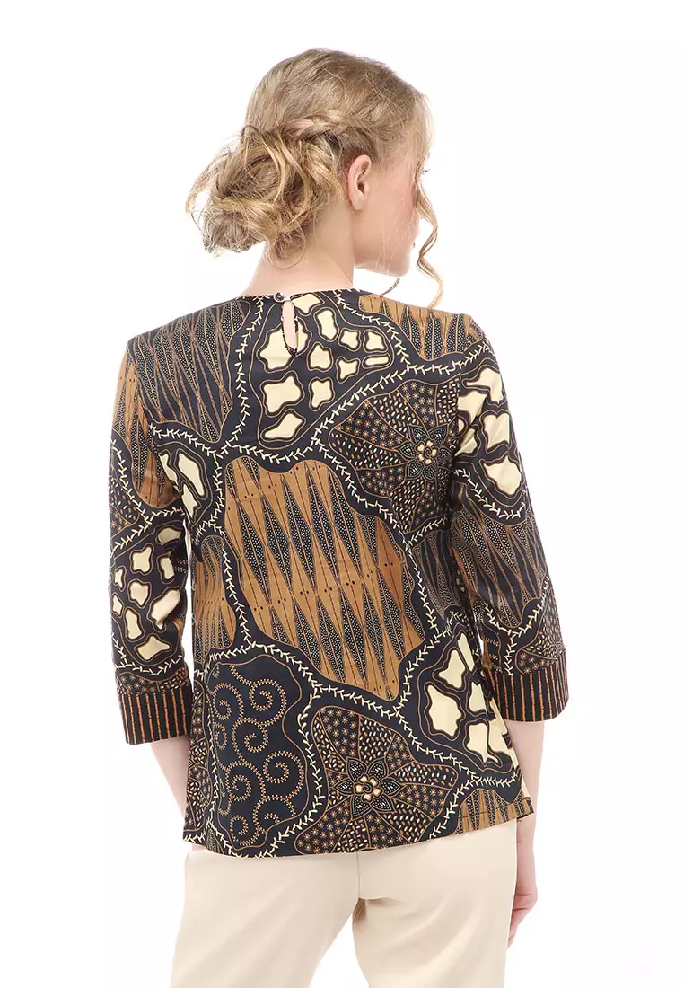 Lynelle Atasan Formal Wanita Blouse Batik Ali Lengan Panjang Material Cotton ORIGINAL - Brown