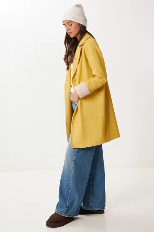 Women's Mustard Double Breasted Collar Fur Cashmere Coat Dd01367