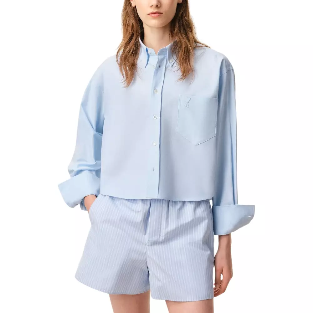 Ami De Coeur Embossed Cotton Cropped Oversized Shirt Sky Blue