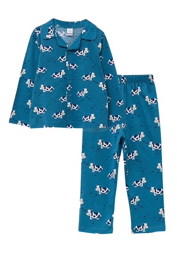 LC WAIKIKI blue Polo Collar Long Sleeved Printed Cotton Baby Girl Pajamas Set 2-Pack ED375KA544E61DGS_1