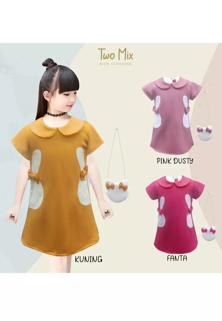 Two Mix Dress Anak Perempuan - Baju Anak Fashion Motif Kelinci 4301