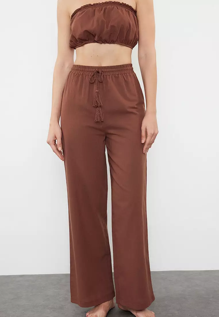 Brown  Weaving 100% Cotton Blouse Trousers Beach Set TBESS21AU0444