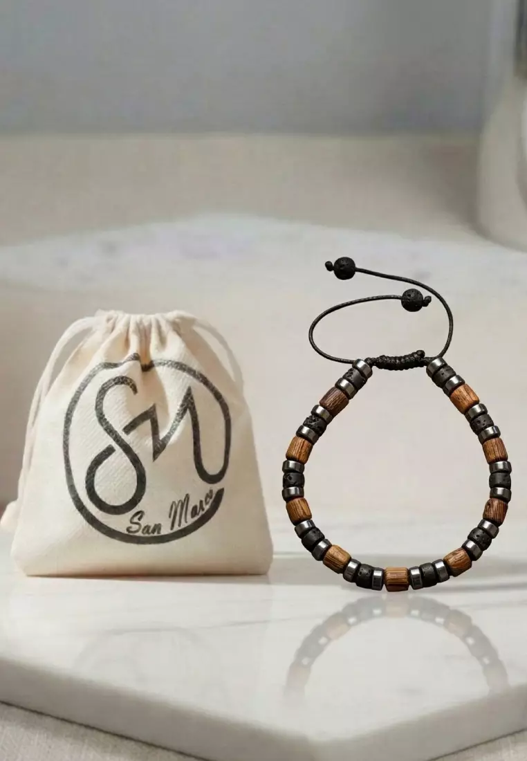 Aksesoris Gelang Pria Wooden & Lava Beads Bracelet Black, Brown & Silver