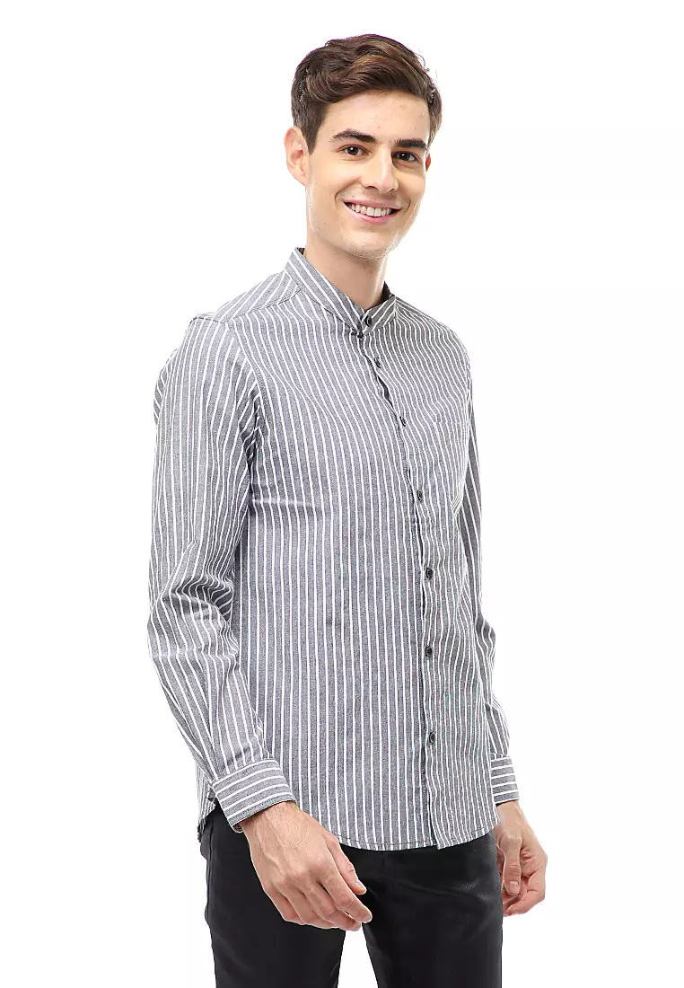Dwan Atasan Kasual Kemeja Pria Lengan Panjang Motif Salur Material Cotton ORIGINAL - Gray
